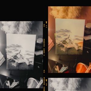 Freshly painted oil painting. Mountain sunset sky